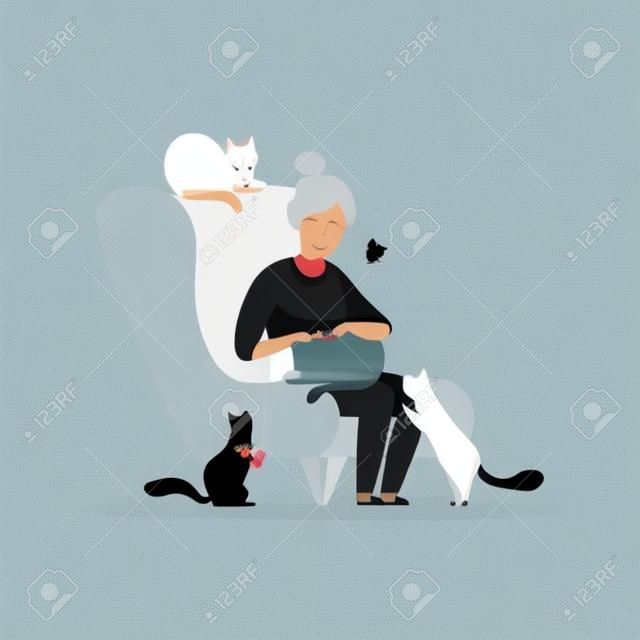 Elderly woman sitting in armchair surrounded by black cats, adorable pets and their owner vector Illustration isolated on a white background.