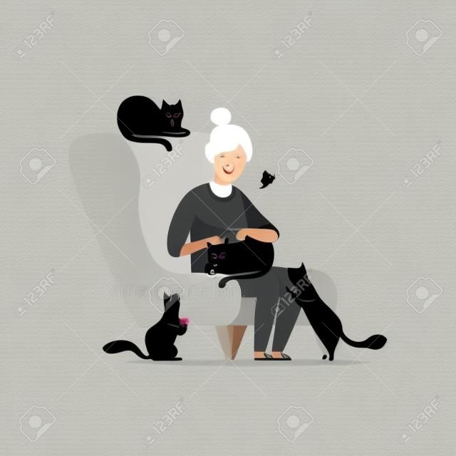 Anciana sentada en un sillón rodeada de gatos negros, adorables mascotas y su dueño vector ilustración aislada sobre fondo blanco.
