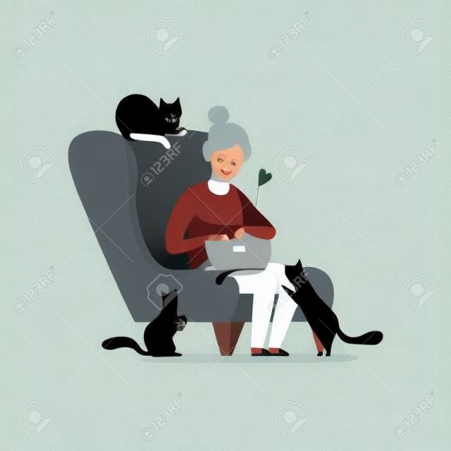 Anciana sentada en un sillón rodeada de gatos negros, adorables mascotas y su dueño vector ilustración aislada sobre fondo blanco.