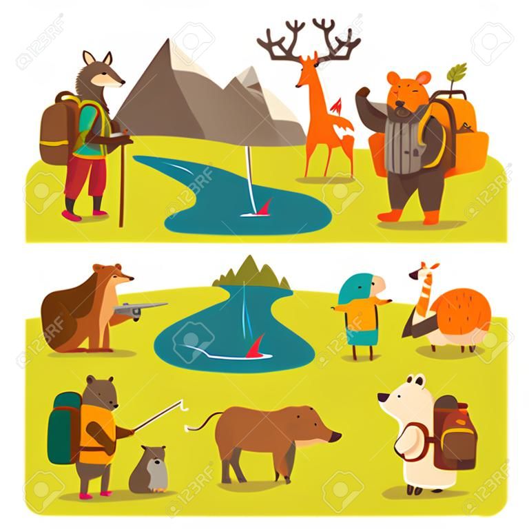 Conjunto de viajes de animales salvajes, personajes de animales lindos con viajes de aventura de senderismo o vector de viaje de campamento ilustración en estilo de dibujos animados