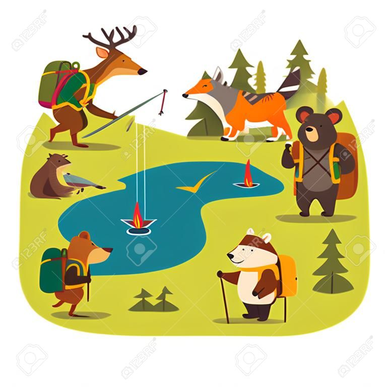 Conjunto de viajes de animales salvajes, personajes de animales lindos con viajes de aventura de senderismo o vector de viaje de campamento ilustración en estilo de dibujos animados