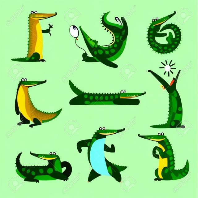 Przyjazny krokodyl w różnych pozach zestaw, zabawny drapieżnik charakter kreskówka wektor ilustracja na białym tle.