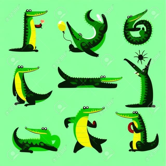 Vriendelijke krokodil in verschillende poses set, grappige roofdier cartoon karakter vector Illustratie geïsoleerd op een witte achtergrond.