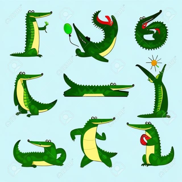 Crocodilo amigável em diferentes poses conjunto, engraçado predador cartoon personagem vector Ilustração isolada em um fundo branco.