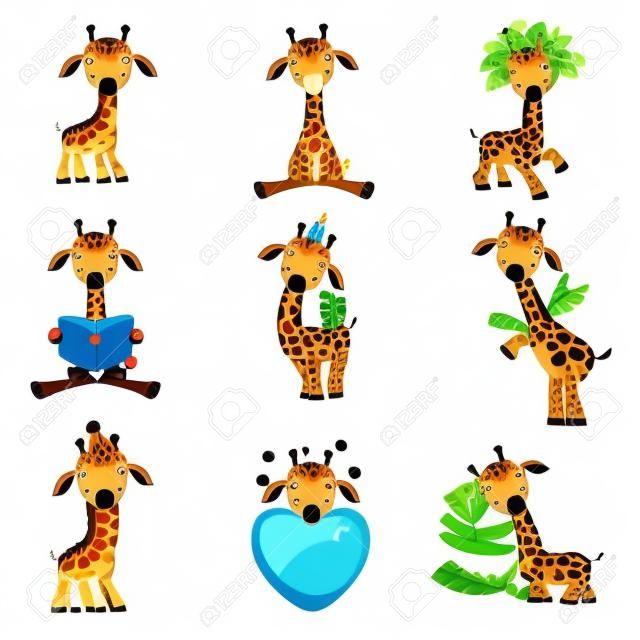 Cute little giraffe set, funny jungle animal cartoon character in different situations vector Illustration isolated on a white background.