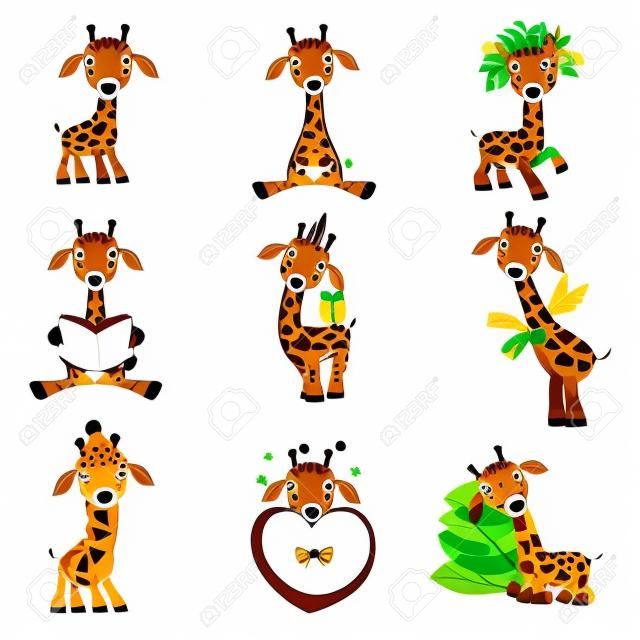 Conjunto de girafa pequena bonito, personagem engraçado dos desenhos animados do animal da selva em situações diferentes vector Ilustração isolada em um fundo branco.