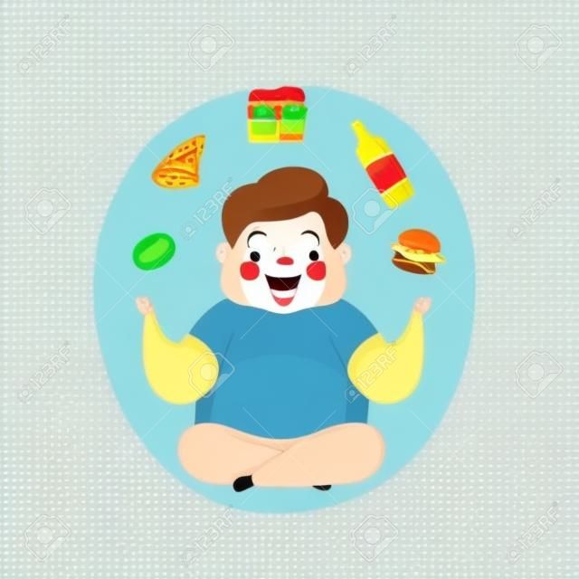 Chłopiec z nadwagą siedzi na podłodze i żongluje daniami fast food, słodkie dziecko pulchne kreskówka charakter wektor ilustracja na białym tle.