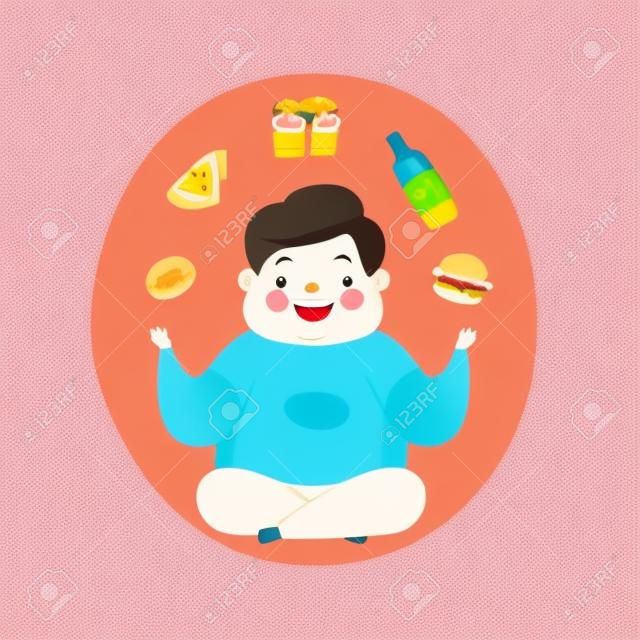 Chłopiec z nadwagą siedzi na podłodze i żongluje daniami fast food, słodkie dziecko pulchne kreskówka charakter wektor ilustracja na białym tle.