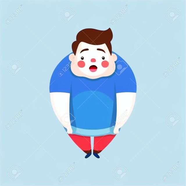 Ragazzo in sovrappeso, simpatico bambino paffuto personaggio dei cartoni animati vettoriale illustrazione isolato su sfondo bianco.