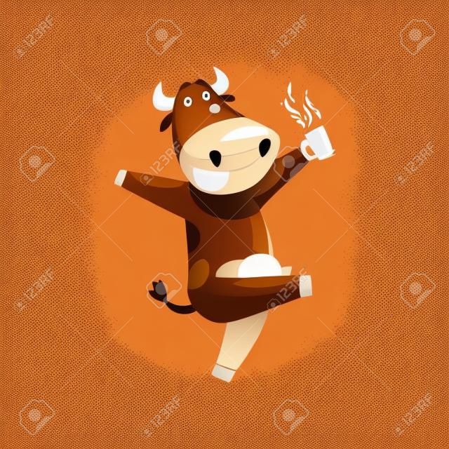Vaca marrón feliz con leche de taza, personaje de dibujos animados de animales de granja, elemento de diseño se puede utilizar para publicidad, paquete de leche, vector de alimentos para bebés ilustración aislada sobre fondo blanco.