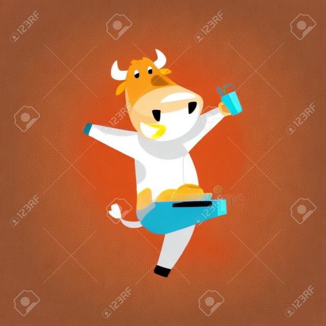 Mucca marrone felice con tazza di latte, personaggio dei cartoni animati dell'animale da fattoria, elemento di design può essere utilizzato per la pubblicità, pacchetto di latte, pappe vettoriale illustrazione isolato su sfondo bianco.