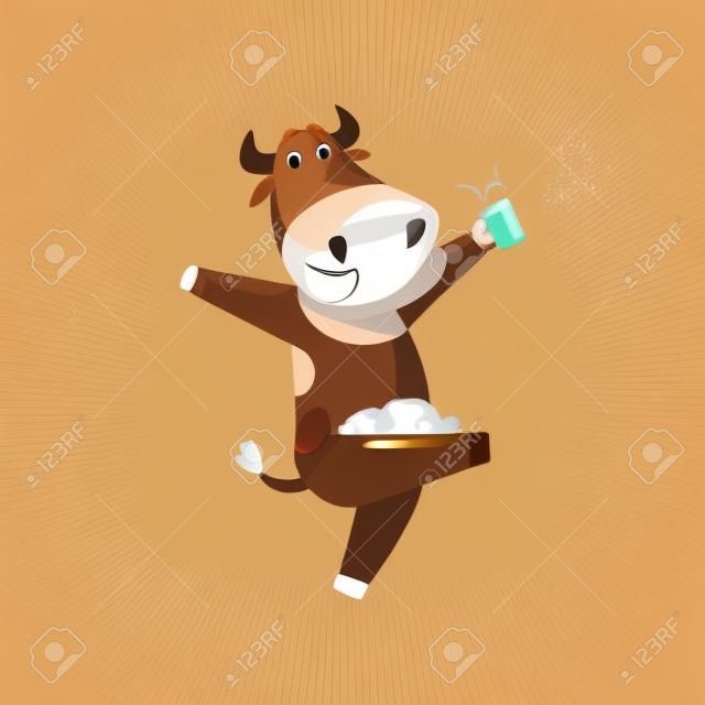 Gelukkige bruine koe met kopje melk, boerderij dier cartoon karakter, ontwerp element kan worden gebruikt voor reclame, melk pakket, baby voedsel vector Illustratie geïsoleerd op een witte achtergrond.