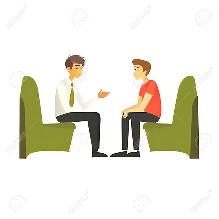 Man Talking to Manager at Bank Office, Bank Worker Providing Services to Customer Vector Illustration on White Background.