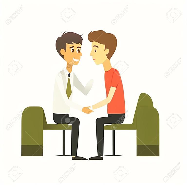 Hombre hablando con el gerente en la oficina del banco, trabajador bancario que brinda servicios a la ilustración de Vector de cliente sobre fondo blanco.