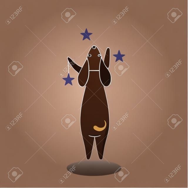 Purebred Brown Dachshund Dog with Stars, Funny Playful Pet Animal Cartoon Character Standing on Two Legs, Back View Vector Illustration