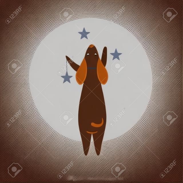 Purebred Bruin Dachshund Hond met Sterren, Grappig Speelvolle Dieren Dieren Cartoon Karakter Staande op Twee Benen, Terug Weergave Vector Illustratie