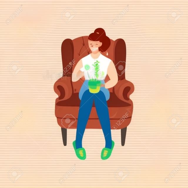 Young Woman Sitting in Armchair Eating Noodles, Girl Spending Weekend at Home and Relaxing Vector Illustration on White Background.