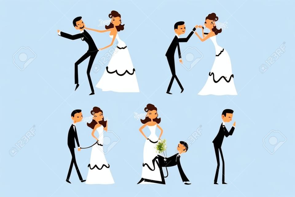 Casal de recém-casados definido, homem henpecked, marido dominado por esposa cartoon vector ilustrações isoladas em um fundo branco.