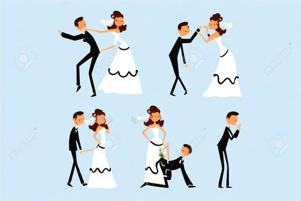 Casal de recém-casados definido, homem henpecked, marido dominado por esposa cartoon vector ilustrações isoladas em um fundo branco.