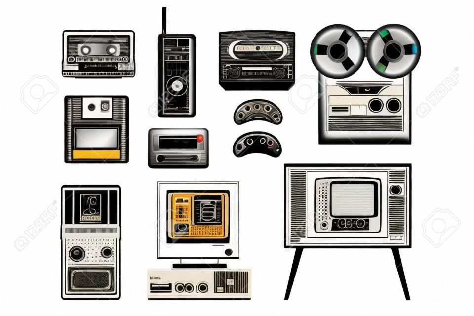 レトロな技術のコレクションは、オーディオ音楽カセット、リールレコーダー、ポータブルラジオ、ポケットベル、テレビ、テトリス、ディスケット、コンピュータベクトルイラストは白い背景に隔離。