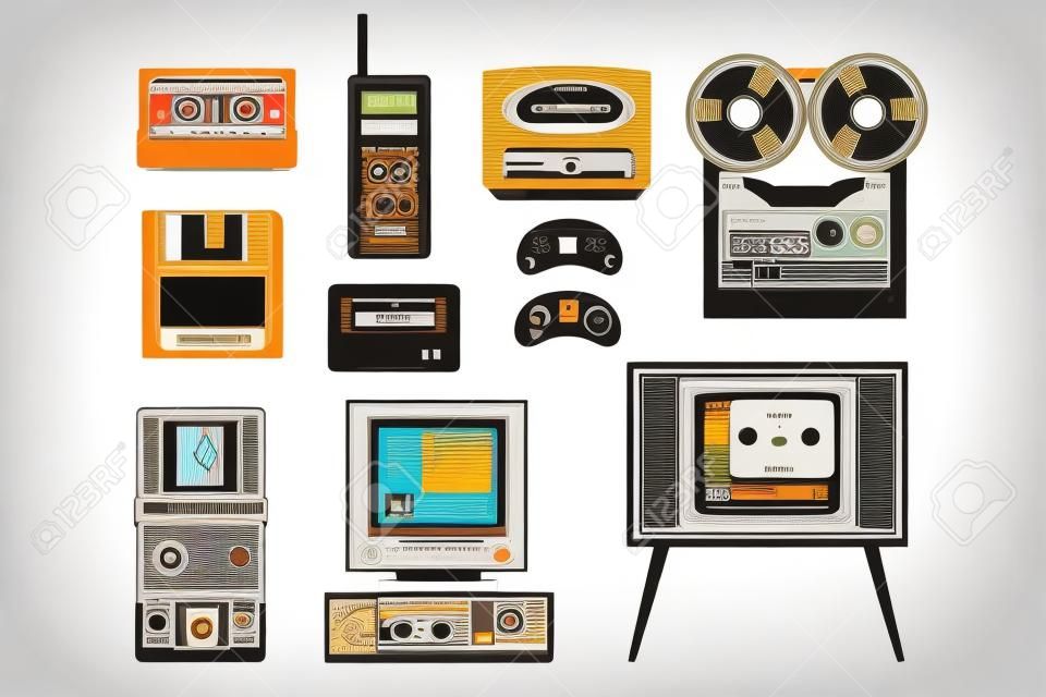 Kolekcja techniki retro, kaseta magnetofonowa, magnetofon szpulowy, radio przenośne, pager, TV, tetris, dyskietka, ilustracje wektorowe komputera na białym tle na białym tle.