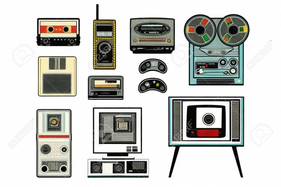 흰색 배경에 격리된 복고풍 기술, 오디오 음악 카세트, 릴 레코더, 휴대용 라디오, 호출기, TV, 테트리스, 디스켓, 컴퓨터 벡터 삽화의 컬렉션입니다.
