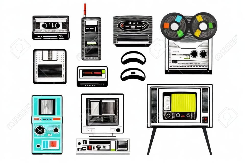 レトロな技術のコレクションは、オーディオ音楽カセット、リールレコーダー、ポータブルラジオ、ポケットベル、テレビ、テトリス、ディスケット、コンピュータベクトルイラストは白い背景に隔離。