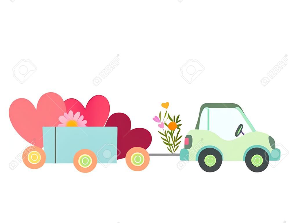 Cute Car with Cart Full of Flowers and Hearts Vector Illustration on White Background.