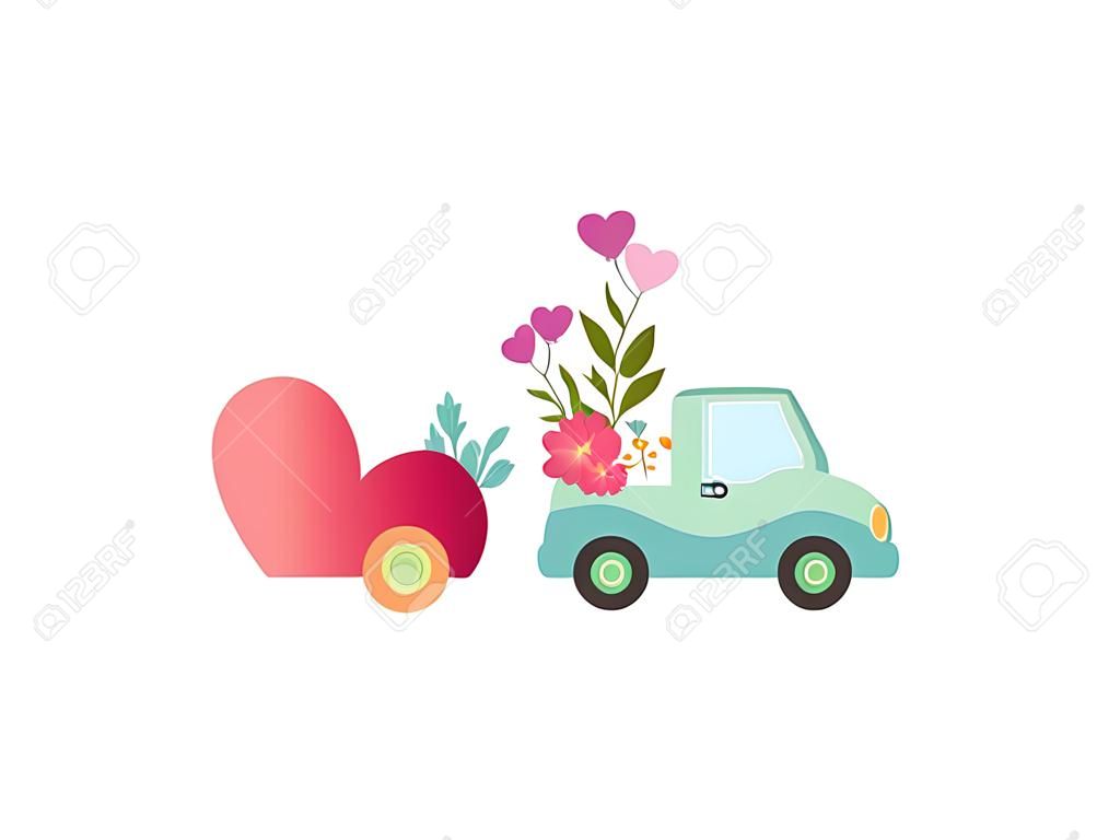 Cute Car with Cart Full of Flowers and Hearts Vector Illustration on White Background.