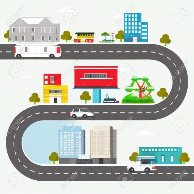 Map of Small Town Part, Summer Urban Landscape with Roads, City Transport and Public Buildings Vector Illustration