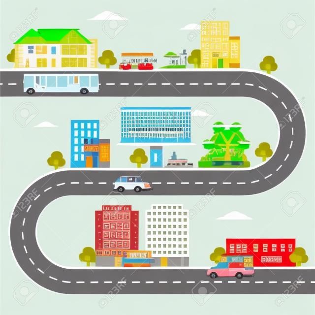 Map of Small Town Part, Summer Urban Landscape with Roads, City Transport and Public Buildings Vector Illustration