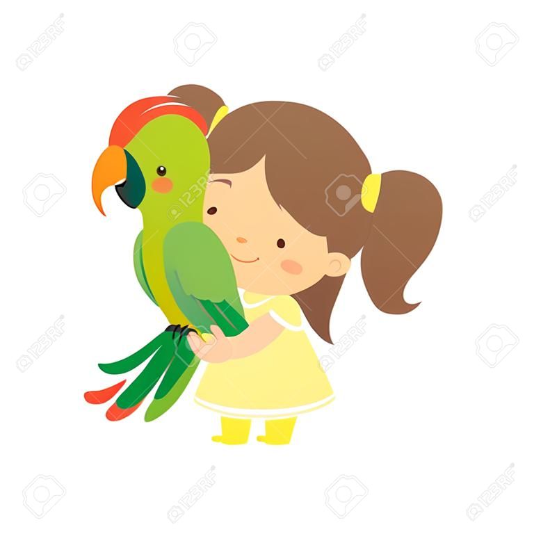 Nettes Mädchen mit grünem Papagei, Kind, das mit Tier in Kontakt Zoo-Karikatur-Vektor-Illustration auf weißem Hintergrund interagiert.