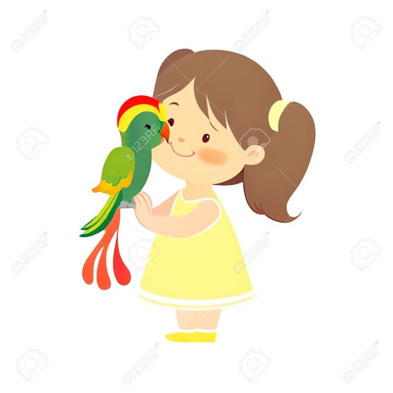 Nettes Mädchen mit grünem Papagei, Kind, das mit Tier in Kontakt Zoo-Karikatur-Vektor-Illustration auf weißem Hintergrund interagiert.