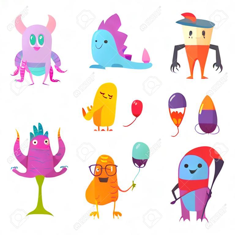Cute Friendly Freaky Monsters Set, Funny Colorful Aliens Cartoon Characters Vector Illustration