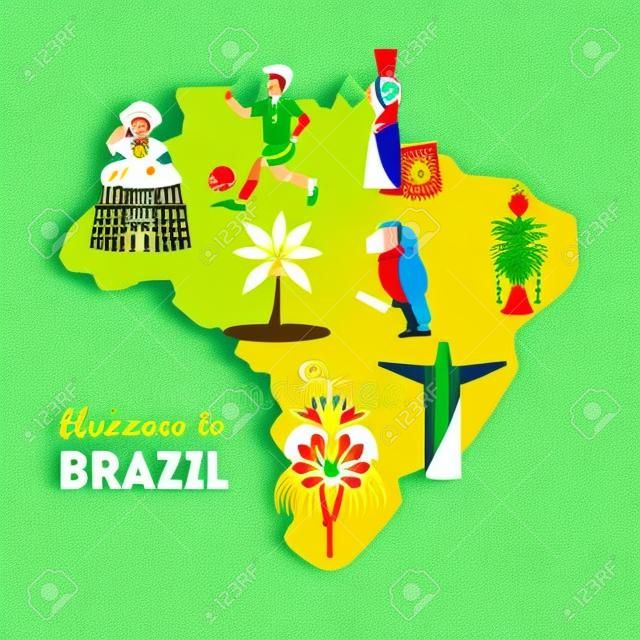 Podróż do Brazylii, mapa Brazylii z symbolami kulturowymi. element projektu może służyć jako plakat turystyczny, ilustracja wektorowa ulotki, projektowanie stron internetowych.