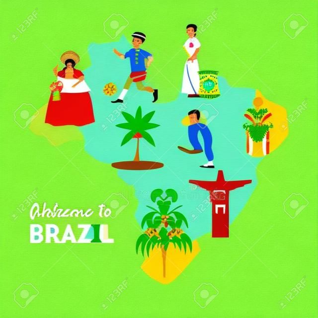 Podróż do Brazylii, mapa Brazylii z symbolami kulturowymi. element projektu może służyć jako plakat turystyczny, ilustracja wektorowa ulotki, projektowanie stron internetowych.