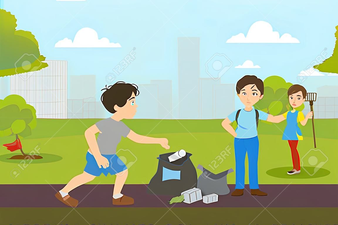 Boy and Girl Gathering Rubbish in Park, Bully Boy Throwing Garbage on Street Vector Illustration in Flat Style.