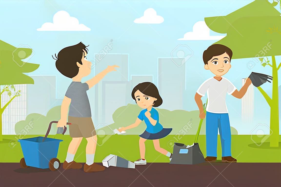 Menino e menina que recolhem o lixo no parque, menino de Bully que joga o lixo na ilustração do vetor da rua no estilo liso.