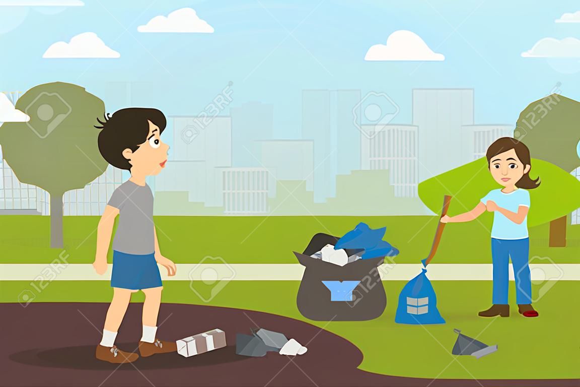 Menino e menina que recolhem o lixo no parque, menino de Bully que joga o lixo na ilustração do vetor da rua no estilo liso.