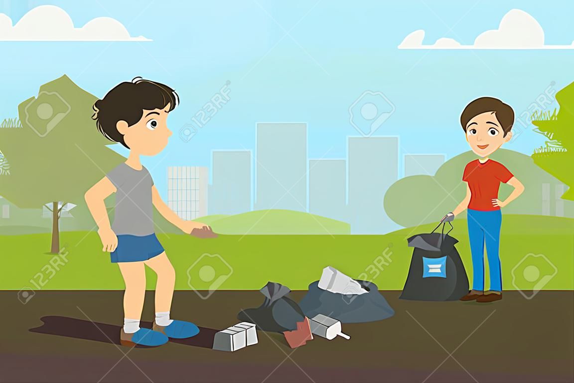 公園でゴミを集める少年と少女、フラットスタイルのストリートベクトルイラストにゴミを投げるいじめっ子。