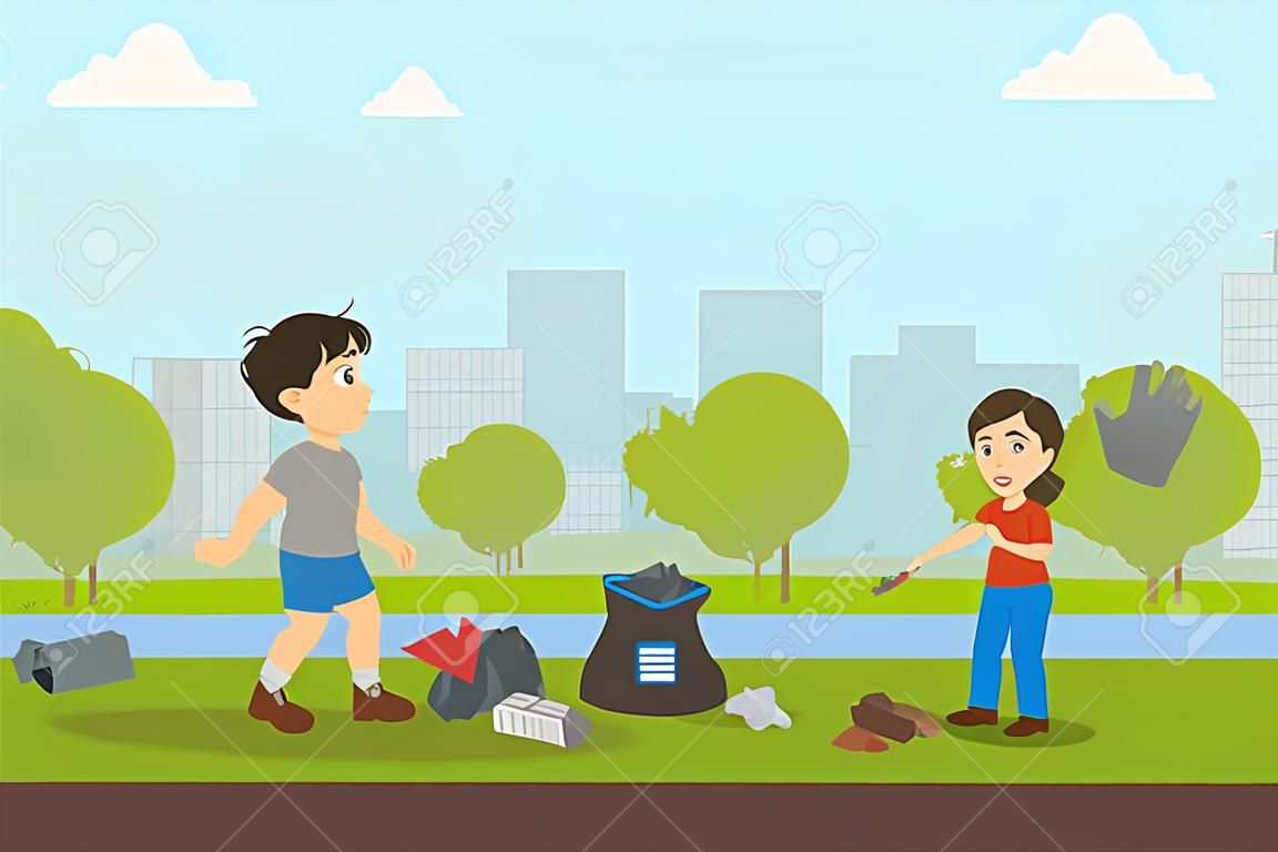 Chłopiec i dziewczynka zbieranie śmieci w parku, Bully chłopiec wyrzucanie śmieci na ulicy wektor ilustracja w stylu płaski.