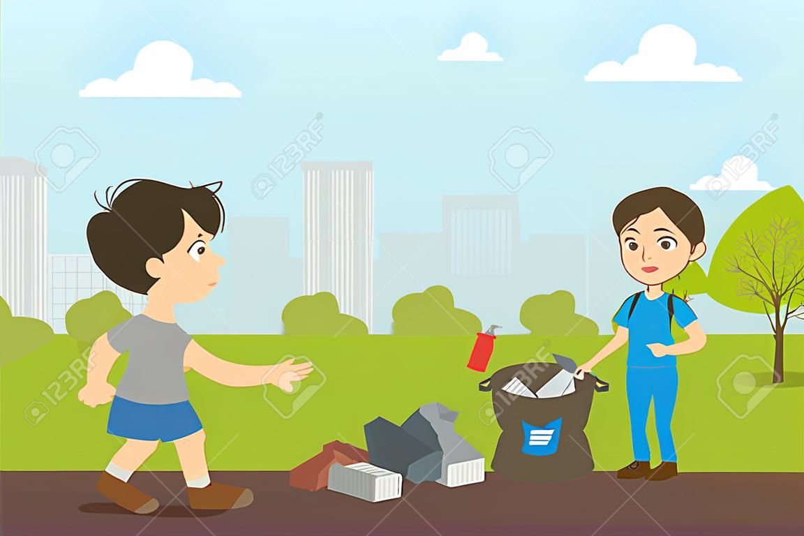 Junge und Mädchen sammeln Müll im Park, Bully Boy wirft Müll auf der Straße Vektor-Illustration im flachen Stil.