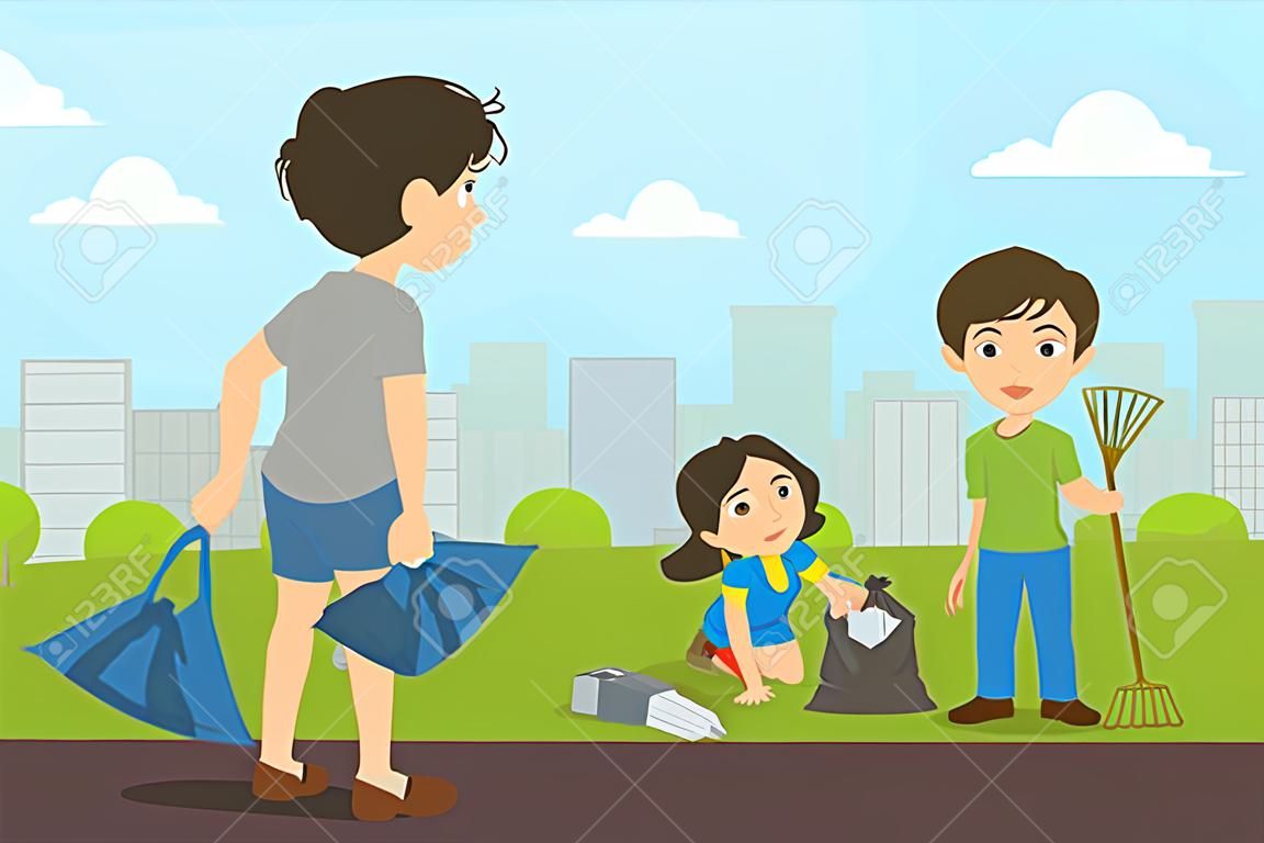 公園でゴミを集める少年と少女、フラットスタイルのストリートベクトルイラストにゴミを投げるいじめっ子。