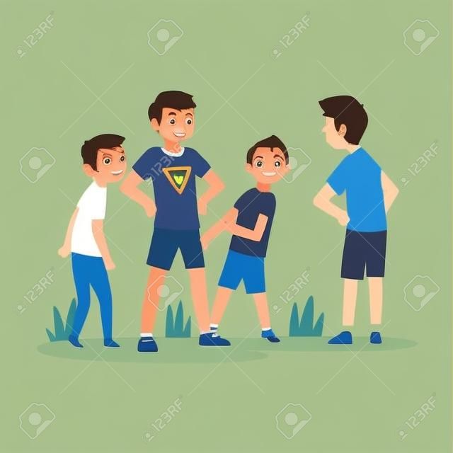 Menino tentando parar menino que intimida crianças, criança defendendo menino e menina que estão atrás dele ilustração vetorial