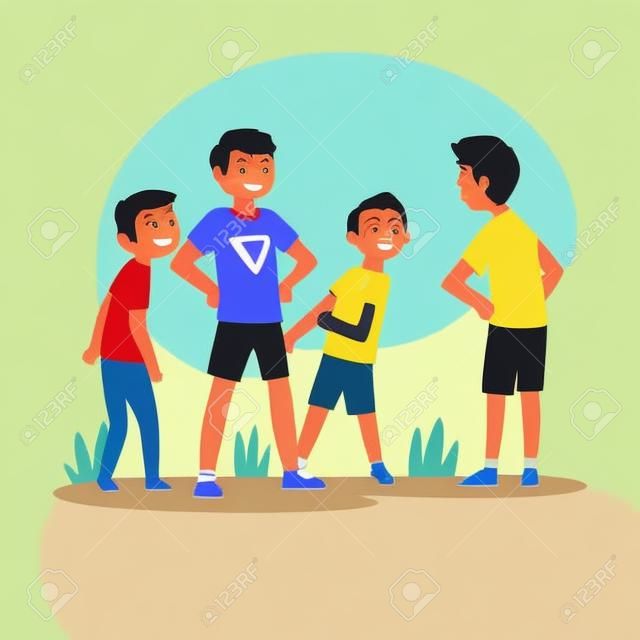 Boy Trying to Stop Boy Who Bullying Kids, Child Defending Little Boy and Girl Who Standing Behind Him Vector Illustration
