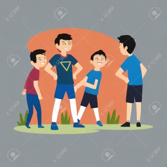 Boy Trying to Stop Boy Who Bullying Kids, Child Defending Little Boy and Girl Who Standing Behind Him Vector Illustration