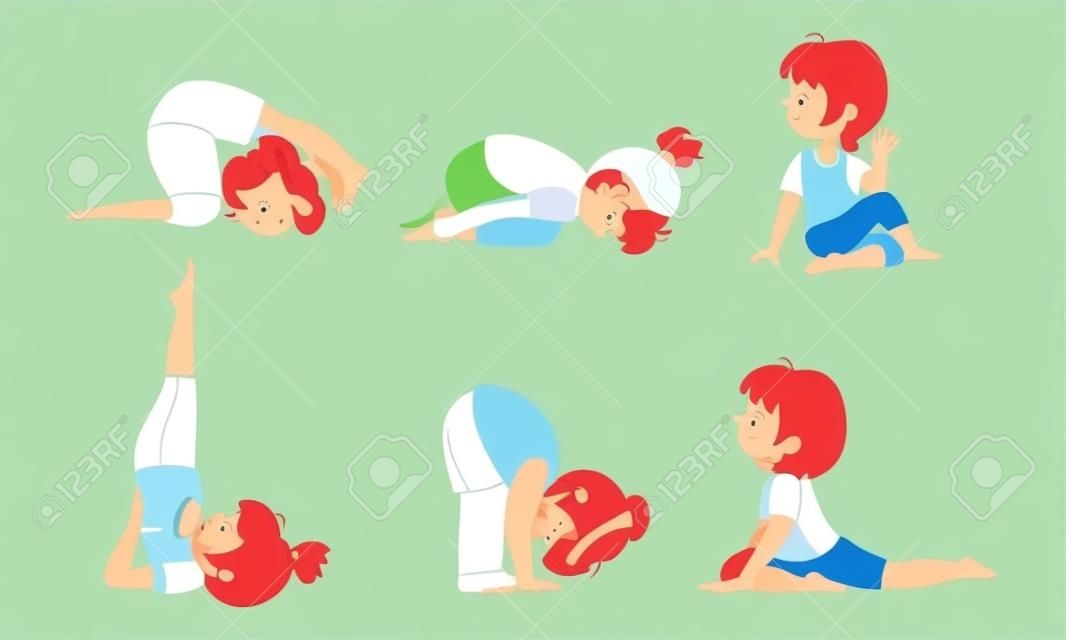 Bambini carini che eseguono set di esercizi di yoga, attività fisica e illustrazione vettoriale di stile di vita sano