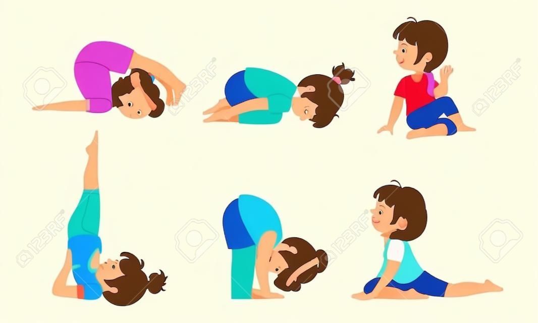 Cute Kids wykonywania ćwiczeń jogi zestaw, aktywność fizyczna i ilustracja wektorowa zdrowego stylu życia