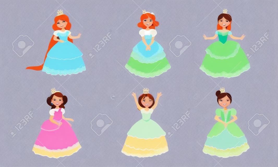 Smiling Girls Princesses Chracters in Different Colorful Beautiful Dresses Set Vector Illustration