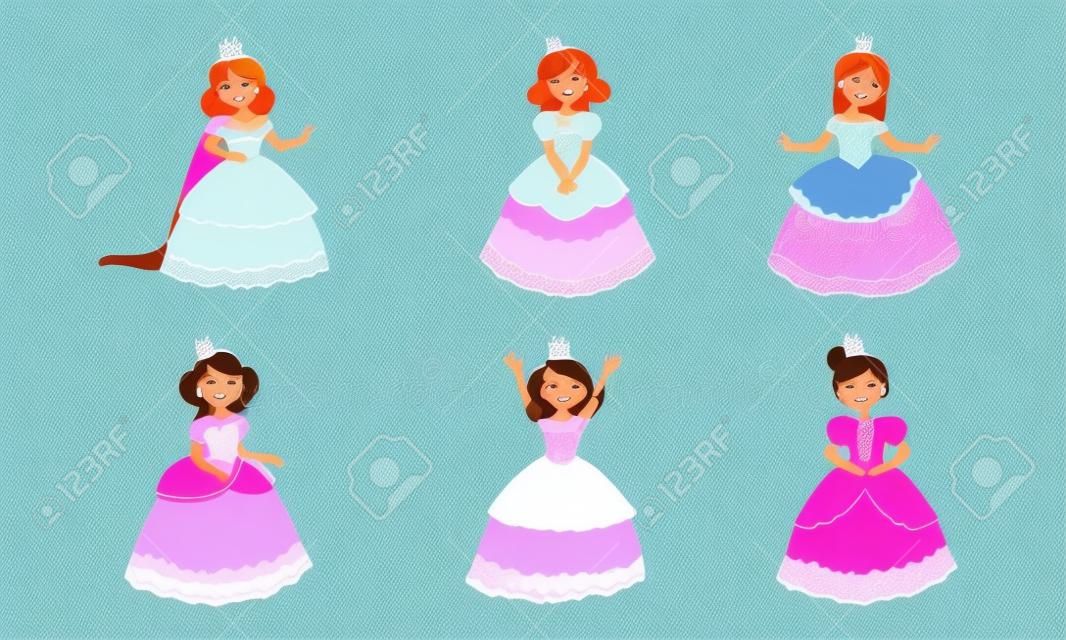 Smiling Girls Princesses Chracters in Different Colorful Beautiful Dresses Set Vector Illustration